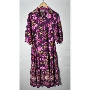 Figueroa & Flower Shirt Dress Womens Medium Purple Floral 3/4 Sleeve Boho Belted